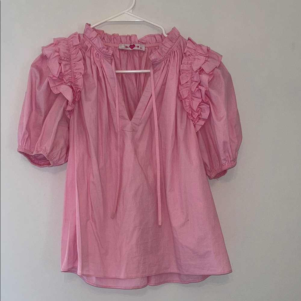 Buddy Love Pink Ruffle-Trim Puff Sleeve Blouse